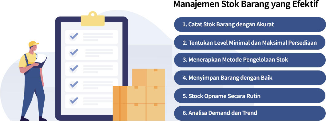 Cara untuk manajemen stok barang tiap perusahaan berbeda sesuai dengan kebutuhan dan faktor di lapangan masing-masing. Namun Anda dapat mencoba melakukan pencatatan stok akurat, menentukan level minimal dan maksimal stok, menerapkan metode pengelolaan, simpan barang dengan baik, stok opname rutin, juga analisa demand dan trend untuk mengoptimalkan manajemen stok barang perusahaan Anda.